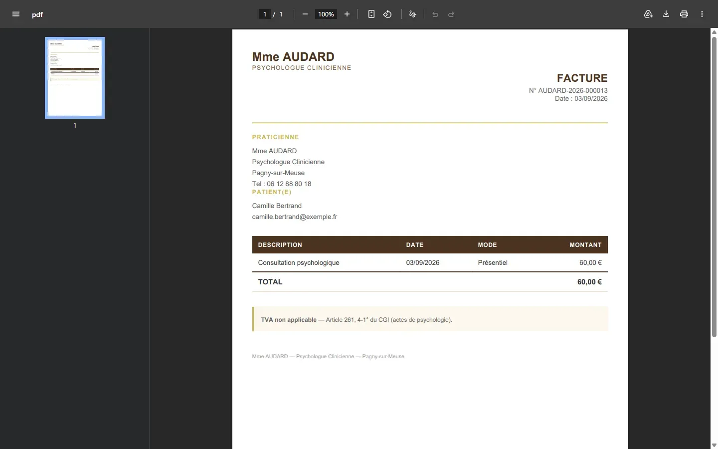 La facture en PDF, avec la mention de TVA non applicable.